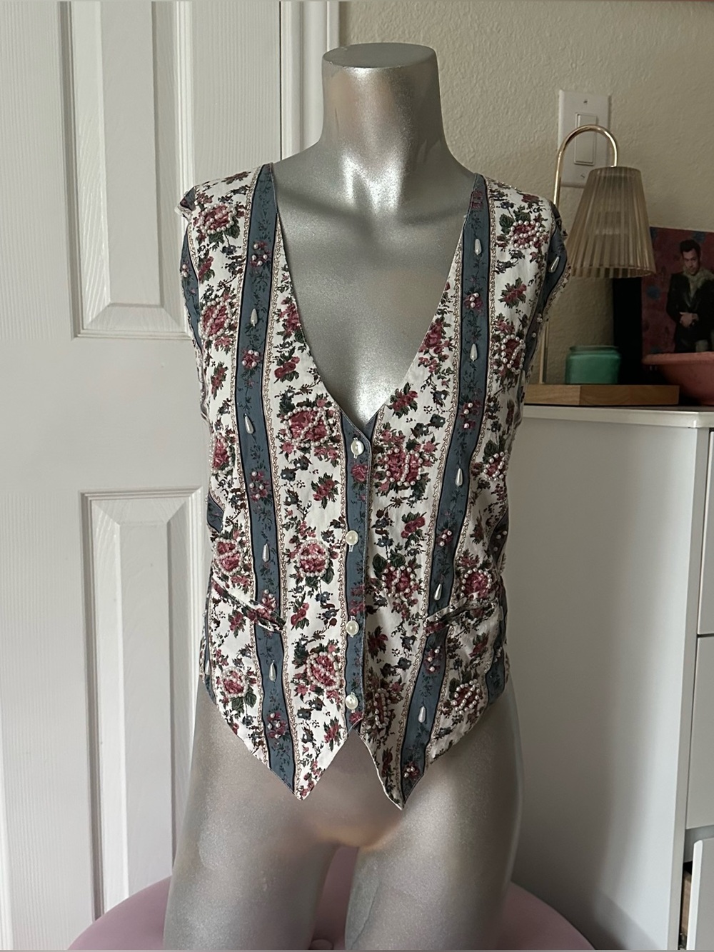 Vintage Fashion Passport Pink & Blue Floral Print Striped Beaded Women’s Vest